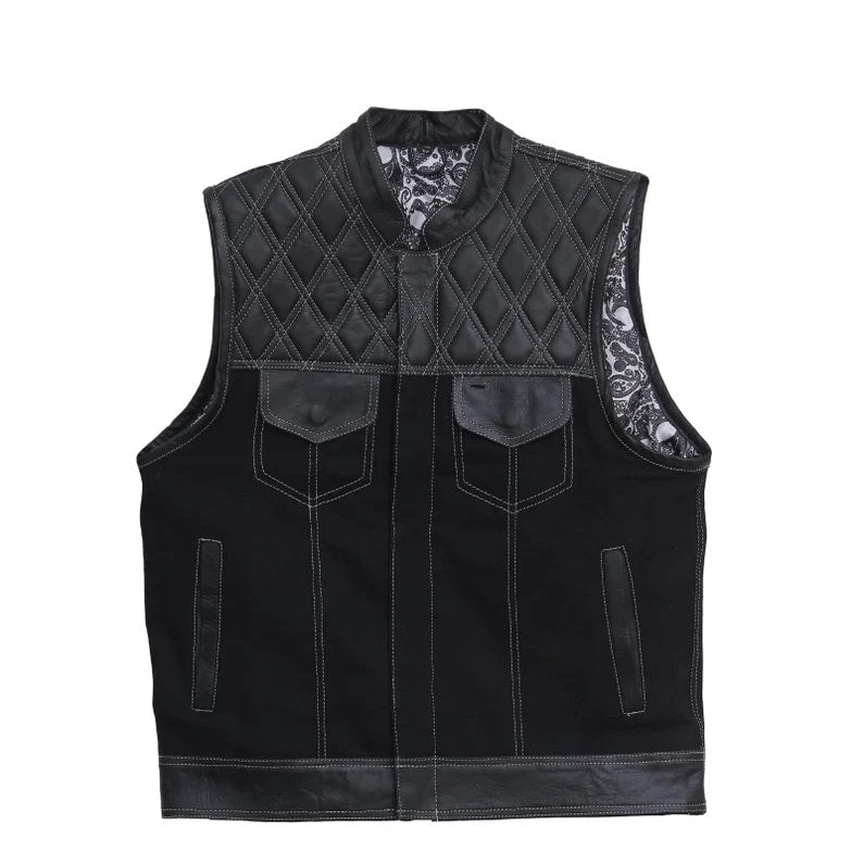 Leather vest Camo Style Denim Leather Motorcycle Vest Braided Skulls paisley Men's Leather Vest Biker Rider Club - LEATHER CHAPTER