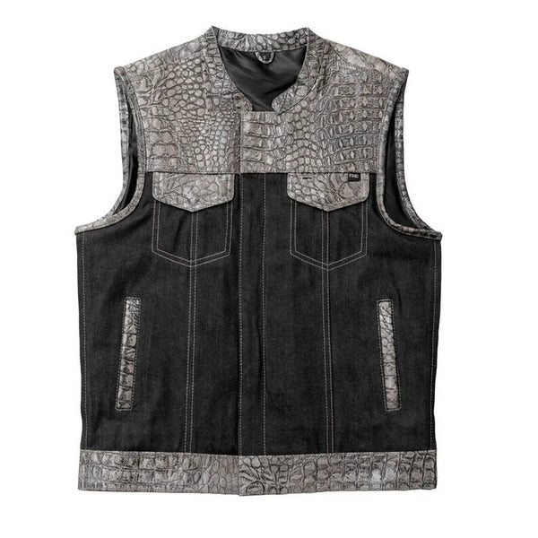 Leather Vest, Crocodile Plated Leather Grey Wax Motorcycle Men's Vest Denim Vest Black Vest - LEATHER CHAPTER