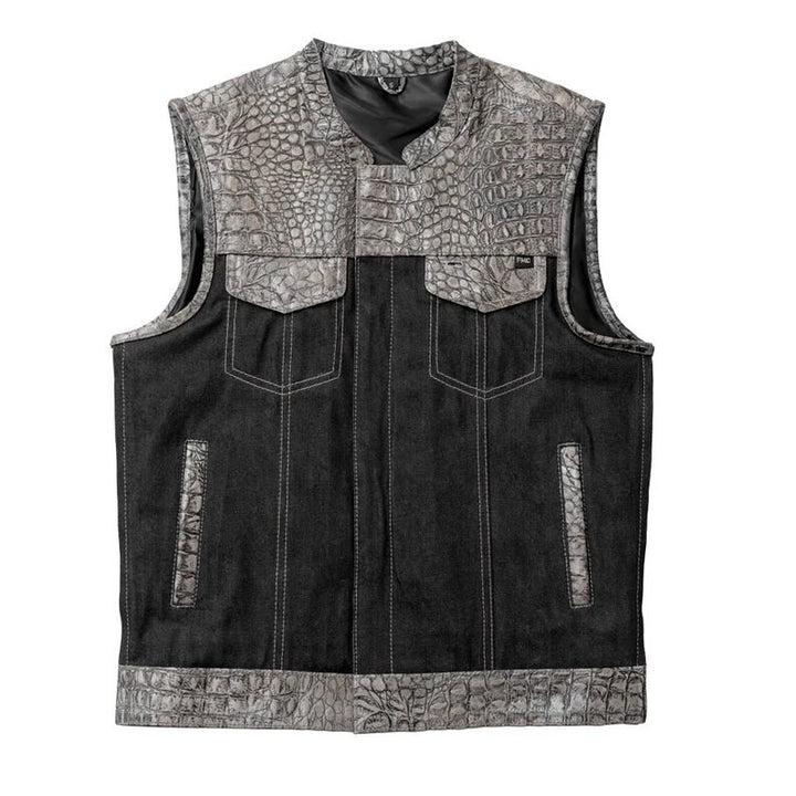 Leather Vest, Crocodile Plated Leather Grey Wax Motorcycle Men's Vest Denim Vest Black Vest - LEATHER CHAPTER