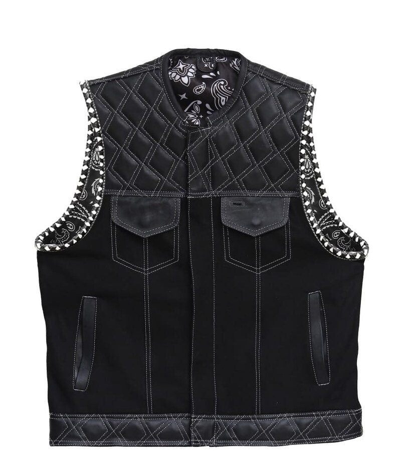 Hand Made Leather & denim Black Quilted Diamond Braided Arms MC Biker Rider Motorcycle vest - LEATHER CHAPTER