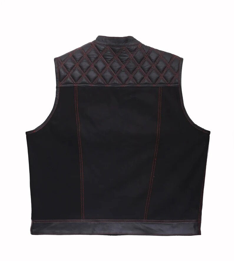Hand Made Leather & Denim Paisley Diamond MC Quilted Red Stich Biker Rider Motorcycle Men Vest - LEATHER CHAPTER