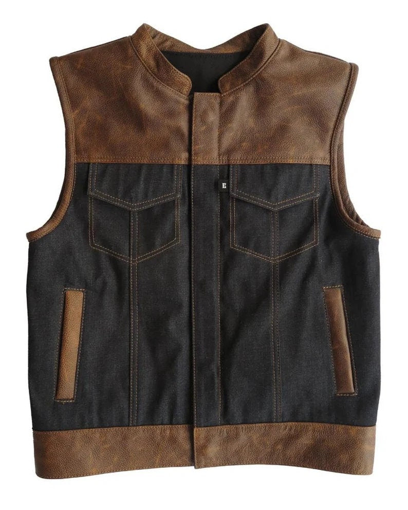 Leather Vest Brown Leather Vest Denim Black Vest Hunt Man Biker Vest Motorcycle Vest Rider Classic Vest Brown Waistcoat Motorcycle - LEATHER CHAPTER