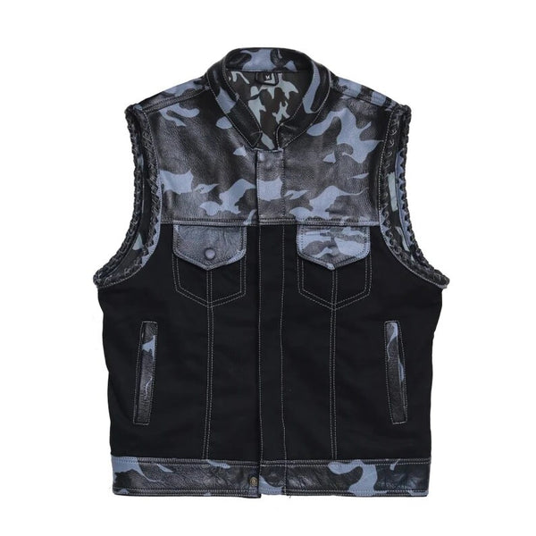 Leather vest Camo Style Denim Leather Motorcycle Vest Braided F1 Men's Leather Vest Biker Rider Club - LEATHER CHAPTER
