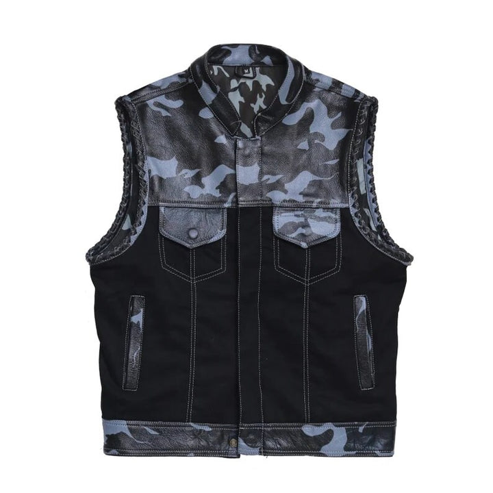 Leather vest Camo Style Denim Leather Motorcycle Vest Braided F1 Men's Leather Vest Biker Rider Club - LEATHER CHAPTER