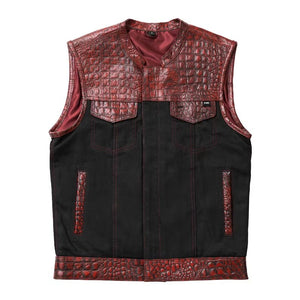 Leather Vest ,Crocodile Plated Leather Red Wax Motorcycle Men's Vest Denim Vest Black Vest - LEATHER CHAPTER