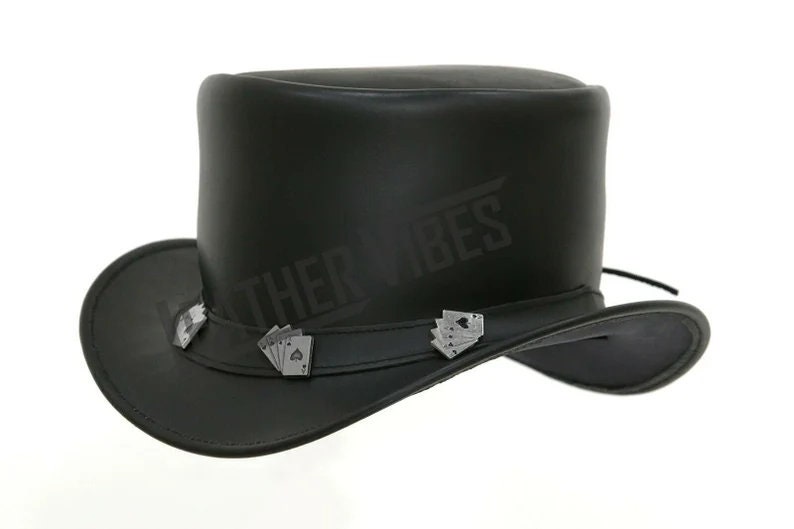Top Hat-Playing Cards Leather hat,Leather Top Hat, Gothic Top Hat, Mens Top Hat, Steampunk Top Hat, Custom Top Hat - LEATHER CHAPTER