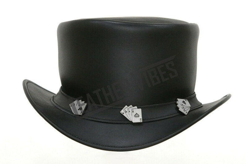 Top Hat-Playing Cards Leather hat,Leather Top Hat, Gothic Top Hat, Mens Top Hat, Steampunk Top Hat, Custom Top Hat - LEATHER CHAPTER