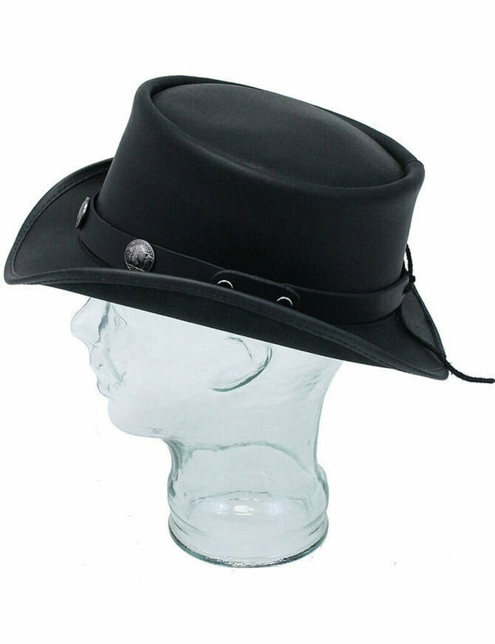 Marlow SteamPunk Deadman Biker American Five Cent Black Leather Top Hat - LEATHER CHAPTER
