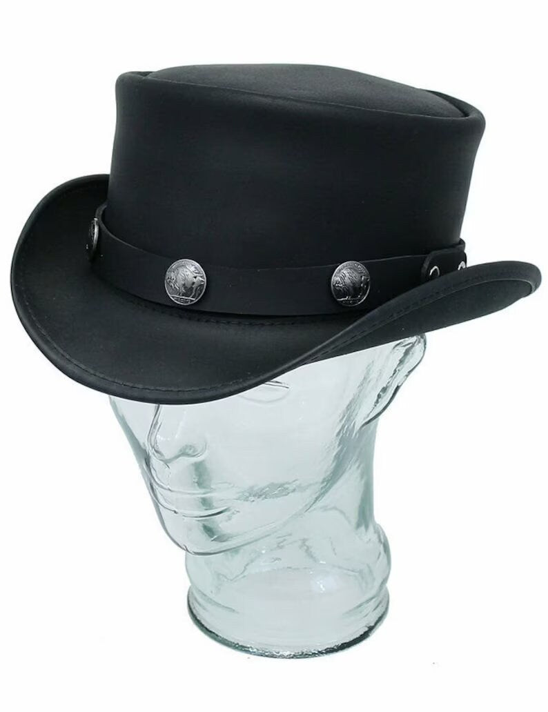 Marlow SteamPunk Deadman Biker American Five Cent Black Leather Top Hat - LEATHER CHAPTER