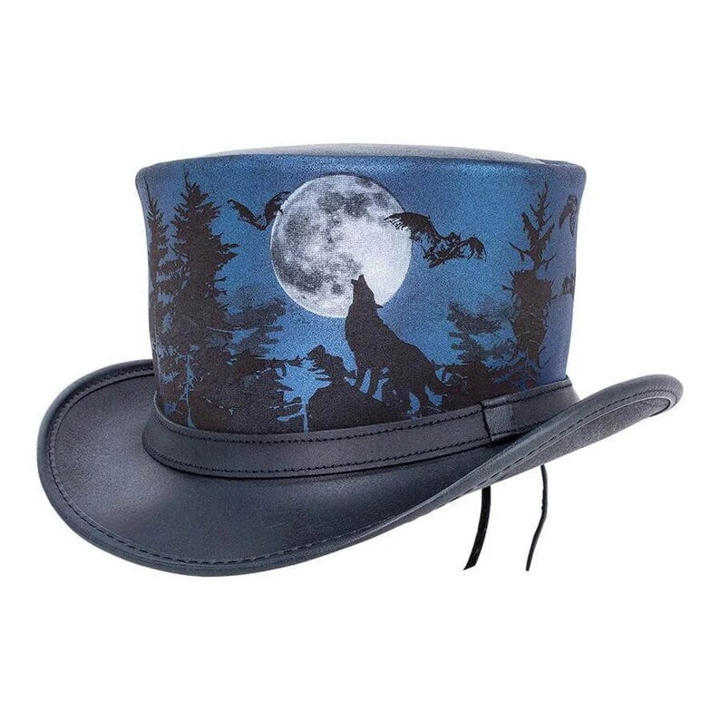 Halloween Wolf Night Steampunk Black Leather Top hat Biker Motorcycle Rider Gothic Hat - LEATHER CHAPTER