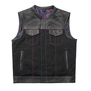 Denim Vest Red Blue Paisley Biker Vest, Hunt Club Leather Builder Diamond Quilted Custom Biker Vest, leather Vest - LEATHER CHAPTER