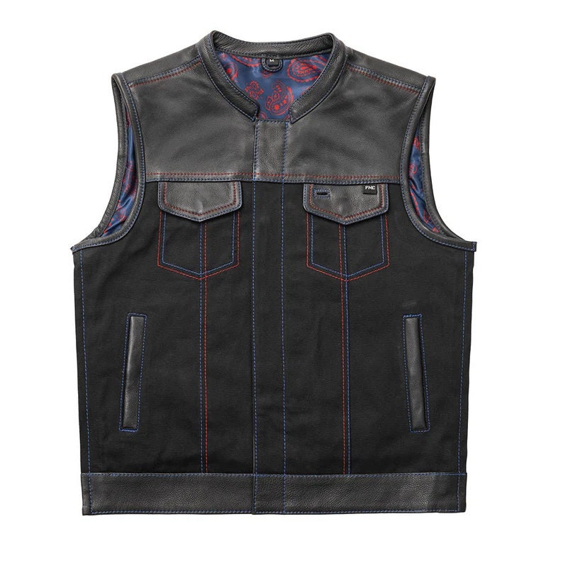 Denim Vest Red Blue Paisley Biker Vest, Hunt Club Leather Builder Diamond Quilted Custom Biker Vest, leather Vest - LEATHER CHAPTER