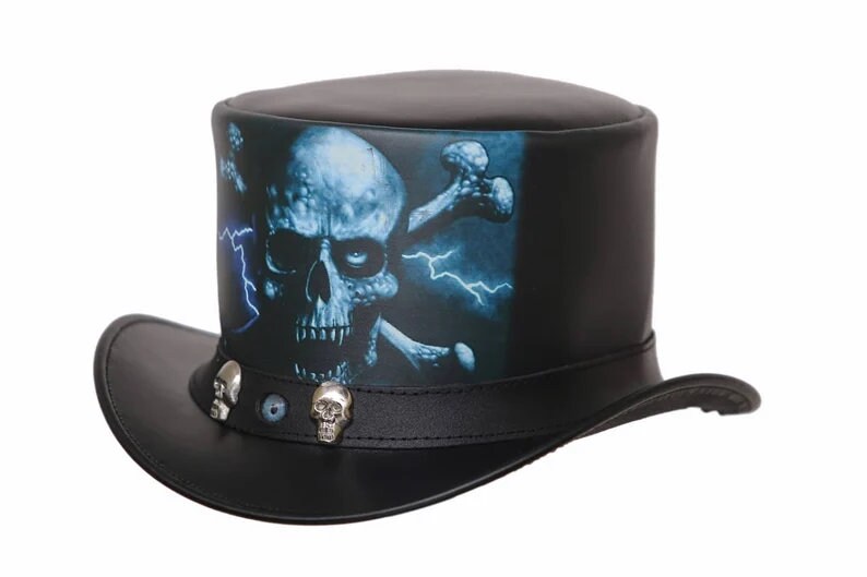 Top Hat Evil Eye Skull Leather Top Hat ,Steampunk Top Hat,Gothic Top hat Biker,Custom Leather Hat - LEATHER CHAPTER