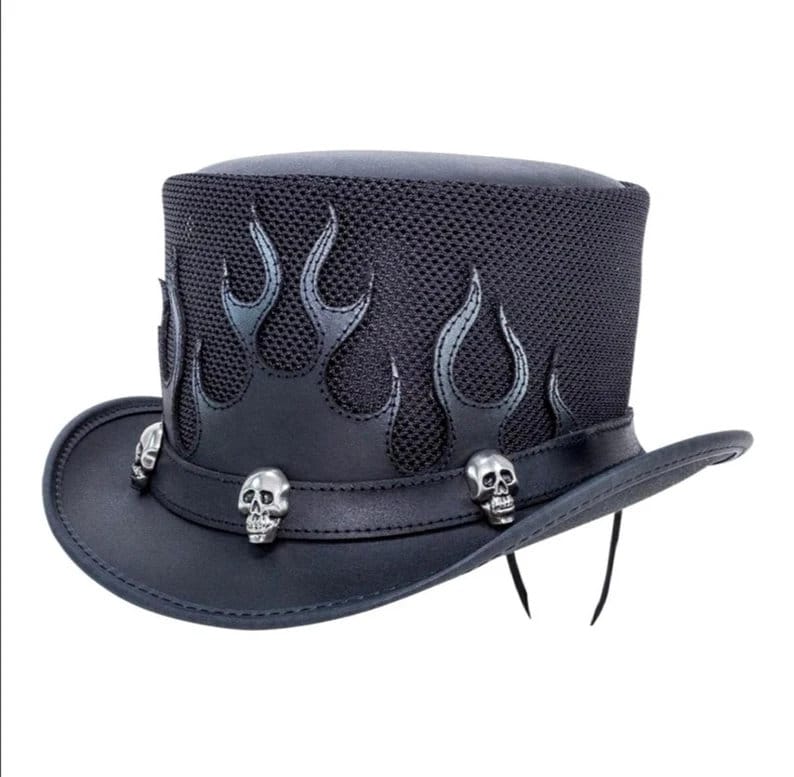 Top Hat Skulls Mens black leather hat with Flames Mesh Design New with Tags - LEATHER CHAPTER
