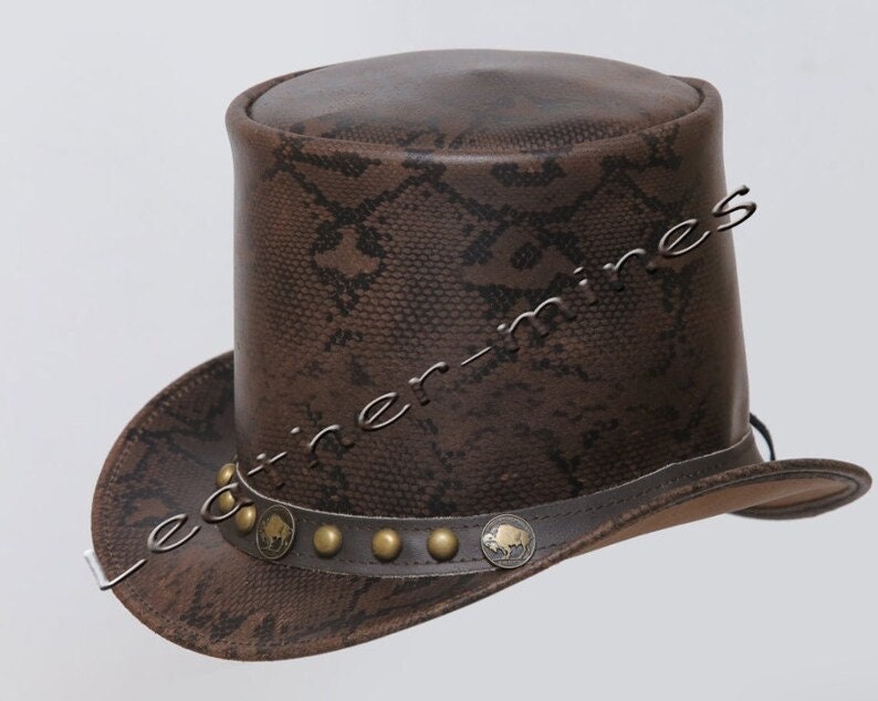 Top Hat Men's Leather Snake Style Motorcycle Five Cent & Studs Band Biker Top Hat- Brown - LEATHER CHAPTER