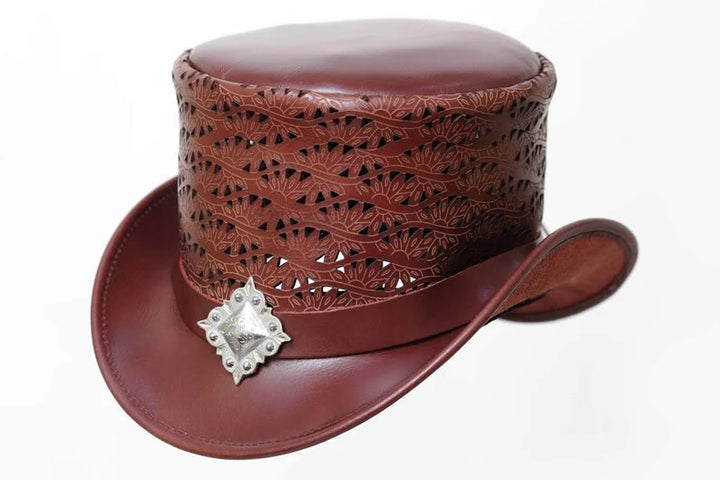 Ladies Leather Flowers Engraved Berry Square Concho Women Top Hat Steampunk - LEATHER CHAPTER