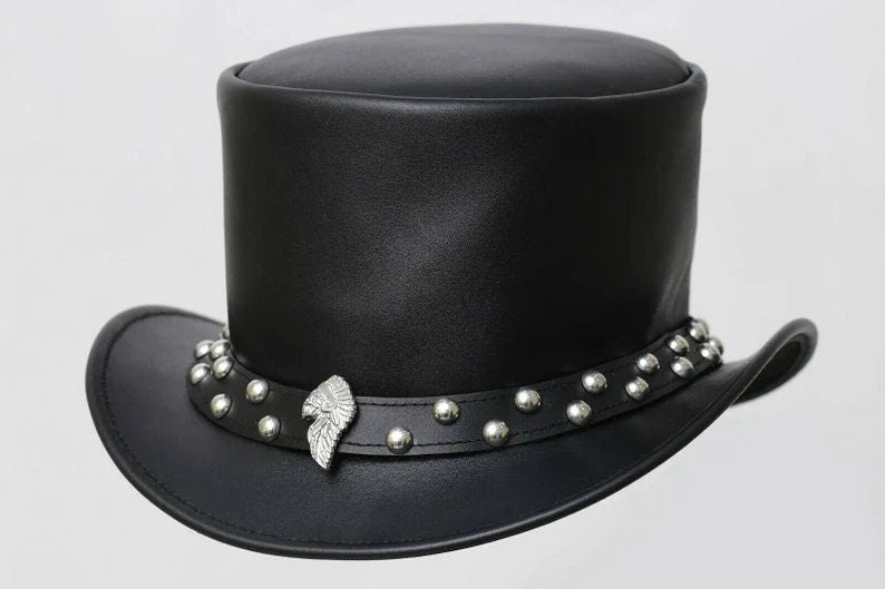 Black Indian Head Stutt Band Black Leather Native American Top Hat Western - LEATHER CHAPTER