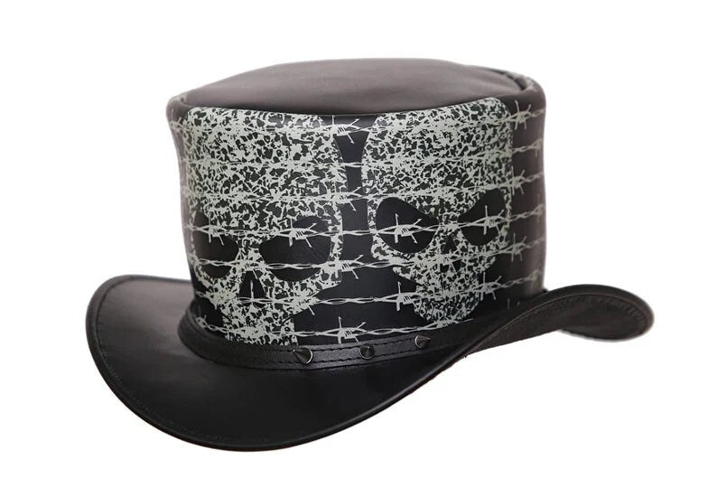 Top Hat Razor Wire Skull Leather Top hat Spikes, Steampunk Top Hat, Gothic Top hat, Custom Leather Hat - LEATHER CHAPTER