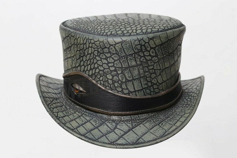 Distress Wax Crocodile Plated Leather Eye Band Steampunk Motorcycle Top Hat - LEATHER CHAPTER