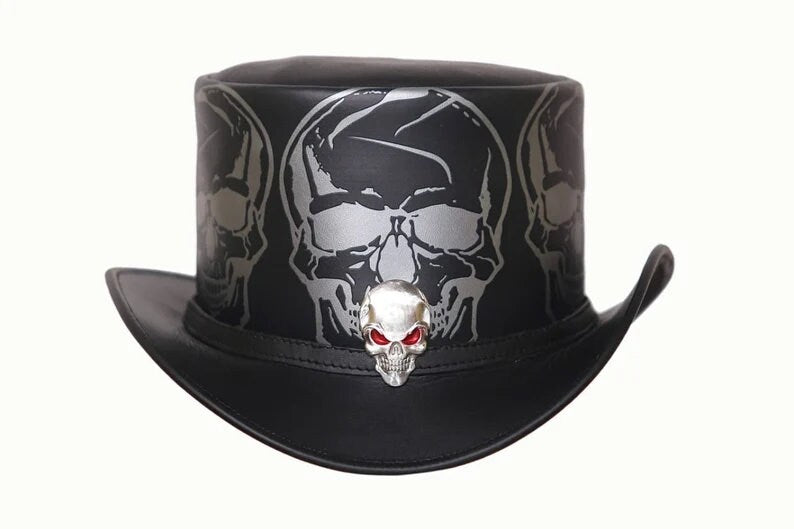 Top Hat Red Eye Skull Leather Top Hat ,Steampunk Top Hat,Gothic Top hat Biker MC,Custom Leather Hats - LEATHER CHAPTER