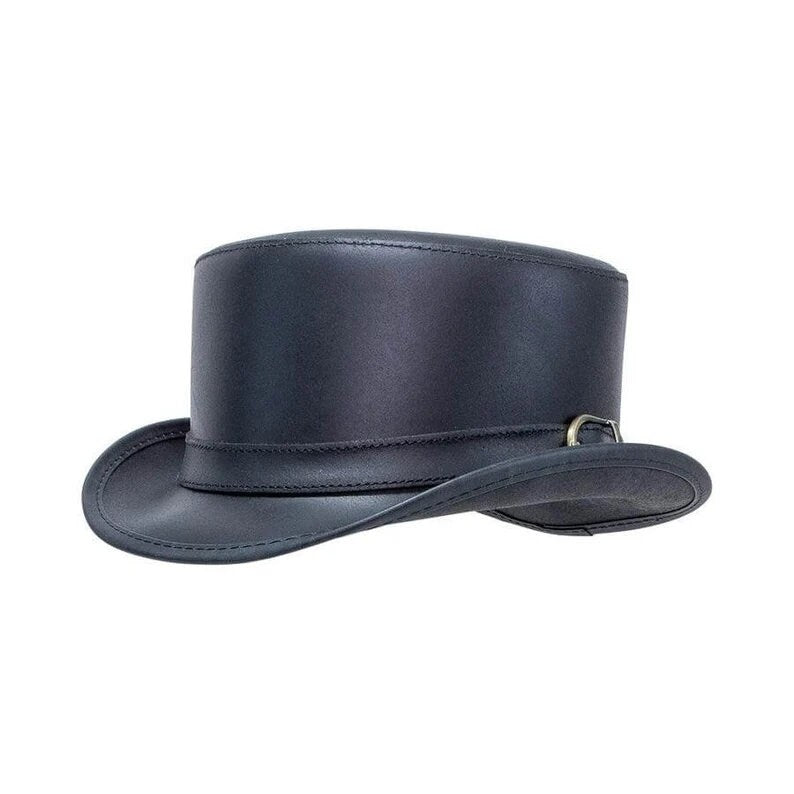 BROMLEY CARRIAGE BAND Steampunk Black Leather Top hat Biker Motorcycle Rider Gothic Hat - LEATHER CHAPTER