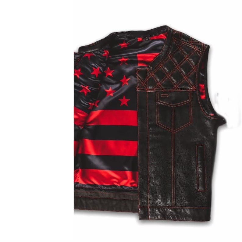 Leather Vest ,Mens Hunt Club Diamond Quilted Red USA Flag Leather Build Denim Style Rider Motorcycle Leather Vest,Mens Vest - LEATHER CHAPTER