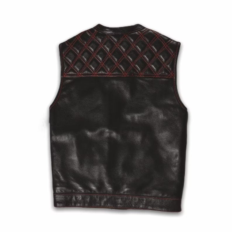 Leather Vest ,Mens Hunt Club Diamond Quilted Red USA Flag Leather Build Denim Style Rider Motorcycle Leather Vest,Mens Vest - LEATHER CHAPTER