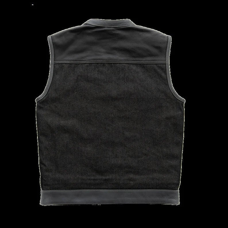 Leather Vest ,Mens Hunt Club Black Red Paisley Leather Build Denim Style Ride Motorcycle Vest - LEATHER CHAPTER