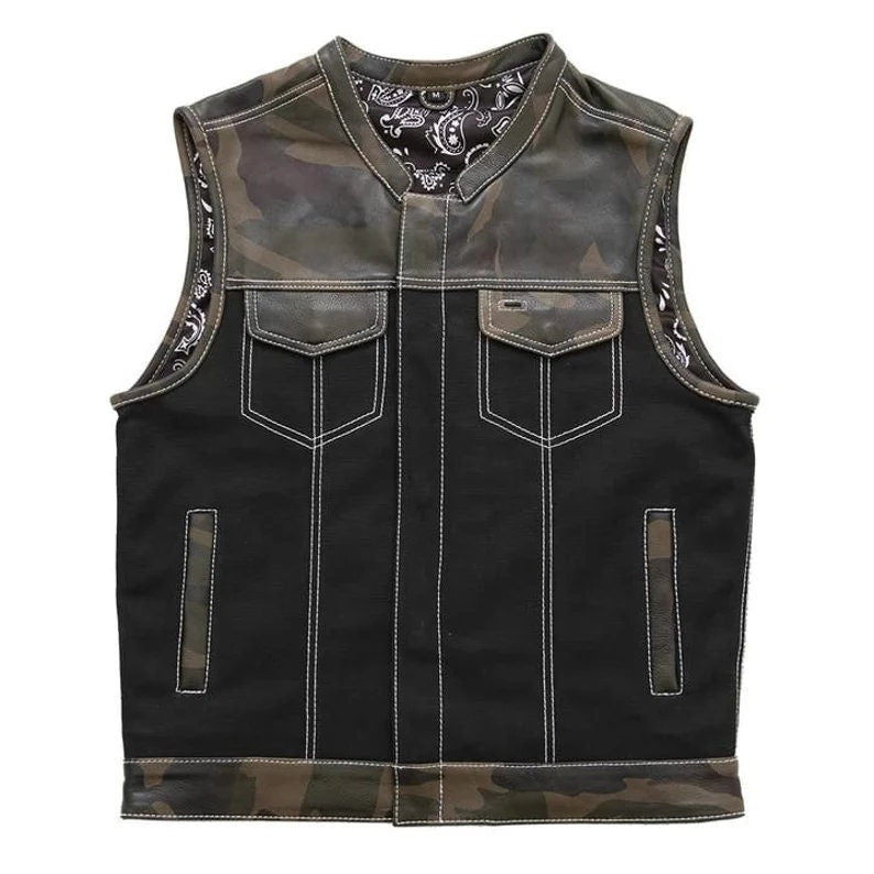 Denim Vest Black Paisley Biker Vest, Hunt Club Leather Builder Camo Style Custom Biker Vest, leather Vest - LEATHER CHAPTER