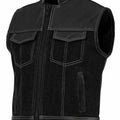 Club Style - Leather and Denim zipper white Stitching Motorcycle Biker Vest, Leather Vest, DenimbVest - LEATHER CHAPTER