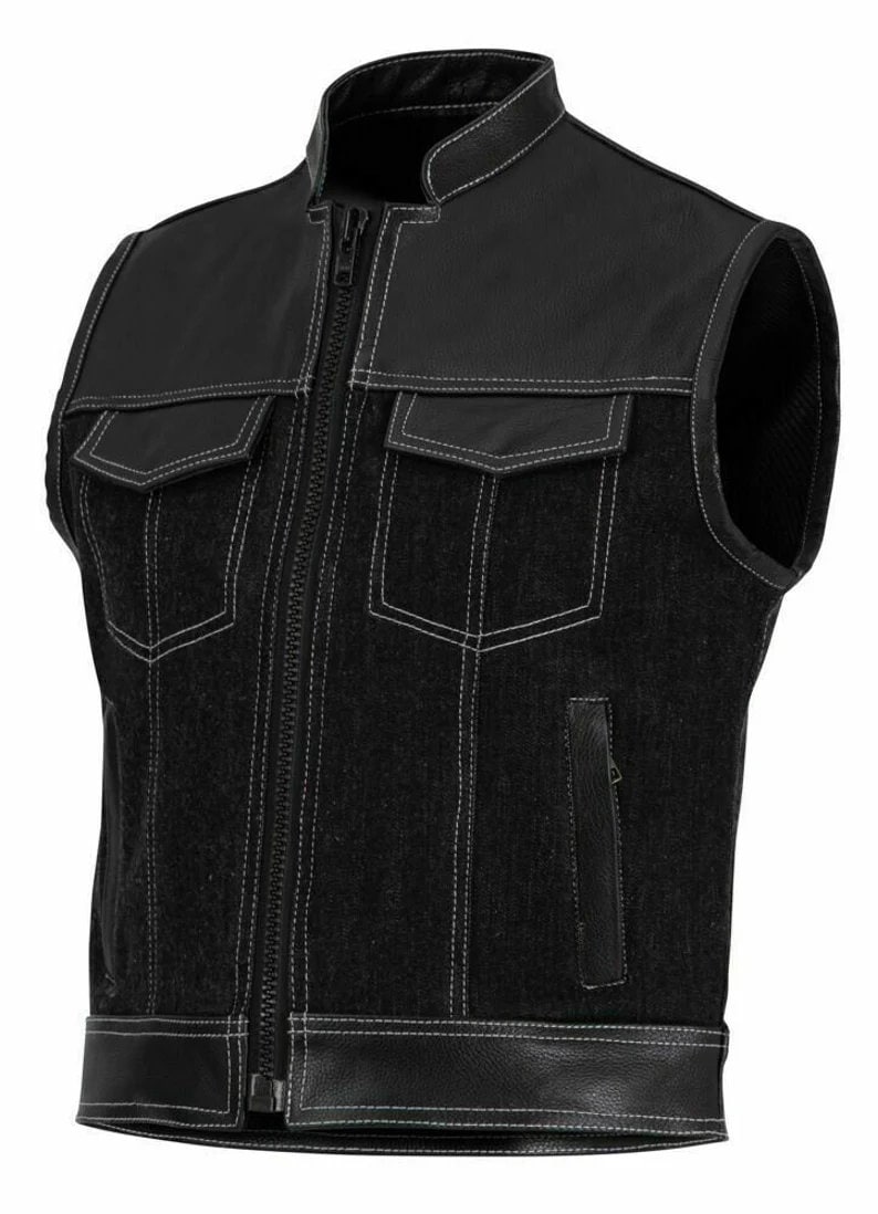 Club Style - Leather and Denim zipper white Stitching Motorcycle Biker Vest, Leather Vest, DenimbVest - LEATHER CHAPTER