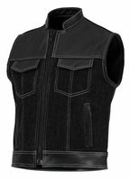Club Style - Leather and Denim zipper white Stitching Motorcycle Biker Vest, Leather Vest, DenimbVest - LEATHER CHAPTER