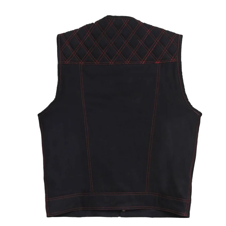Black Denim Vest Leather vest Red Stich Leather Motorcycle Diamond Quilted Men's Leather Vest Biker Rider Club - LEATHER CHAPTER