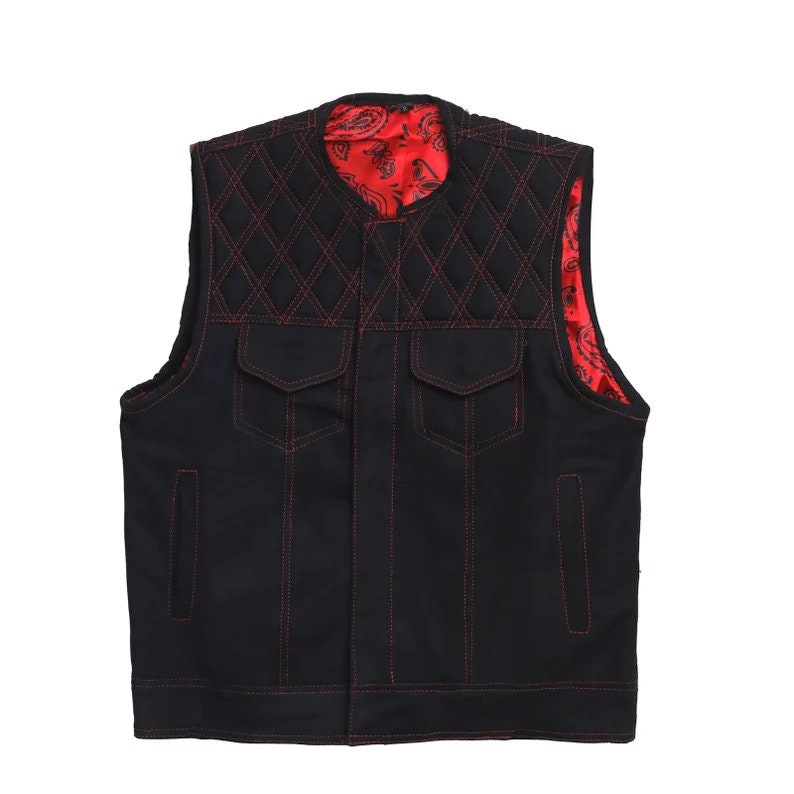 Black Denim Vest Leather vest Red Stich Leather Motorcycle Diamond Quilted Men's Leather Vest Biker Rider Club - LEATHER CHAPTER