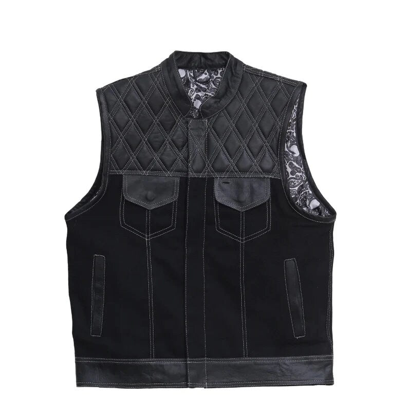 Leather vest Camo Style Denim Leather Motorcycle Vest Braided Skulls paisley Men's Leather Vest Biker Rider Club - LEATHER CHAPTER