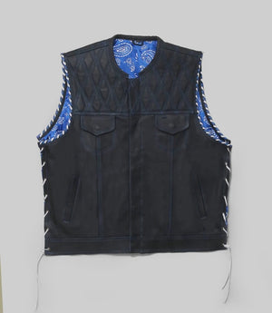 Hand Made Electric Blue Paisley Diamond Quilted Leather Side Lases Biker Rider Motorcycle Vest Men MC - LEATHER CHAPTER