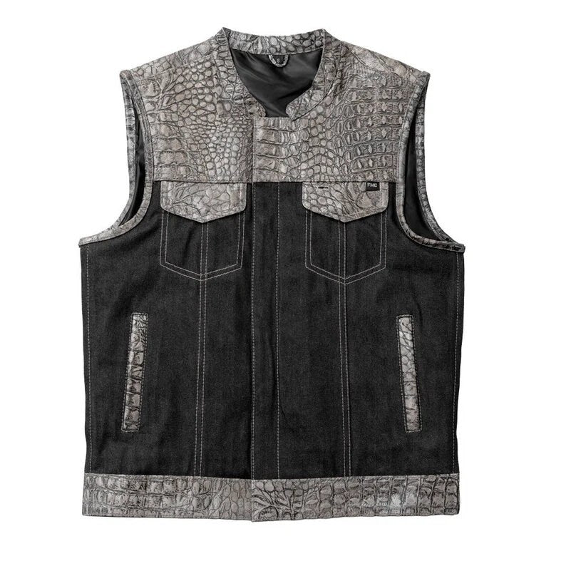 Leather Vest, Crocodile Plated Leather Grey Wax Motorcycle Men's Vest Denim Vest Black Vest - LEATHER CHAPTER