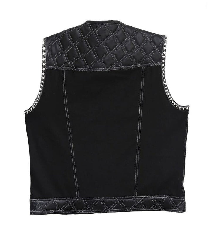 Hand Made Leather & denim Black Quilted Diamond Braided Arms MC Biker Rider Motorcycle vest - LEATHER CHAPTER