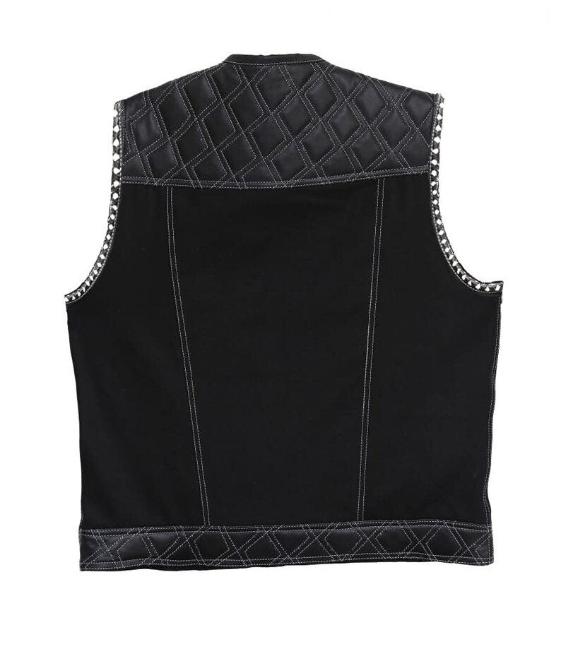 Hand Made Leather & denim Black Quilted Diamond Braided Arms MC Biker Rider Motorcycle vest - LEATHER CHAPTER