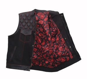 Hand Made Leather & Denim Paisley Diamond MC Quilted Red Stich Biker Rider Motorcycle Men Vest - LEATHER CHAPTER