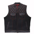 Hand Made Leather & Denim Paisley Diamond MC Quilted Red Stich Biker Rider Motorcycle Men Vest - LEATHER CHAPTER