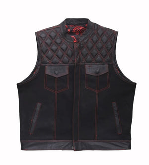 Hand Made Leather & Denim Paisley Diamond MC Quilted Red Stich Biker Rider Motorcycle Men Vest - LEATHER CHAPTER