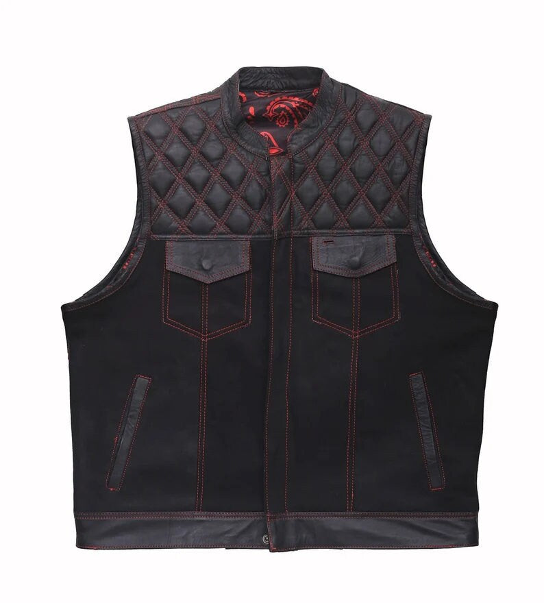 Hand Made Leather & Denim Paisley Diamond MC Quilted Red Stich Biker Rider Motorcycle Men Vest - LEATHER CHAPTER