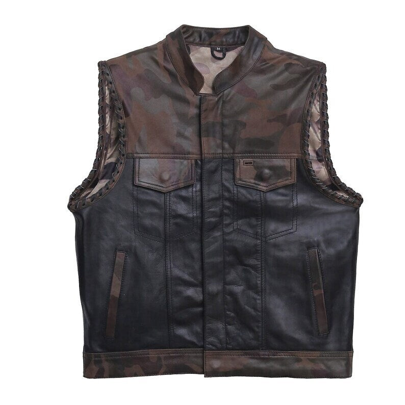 Leather vest Camo Style Denim Leather Motorcycle Vest Braided Braided Arms Men's Leather Vest Biker Rider Club - LEATHER CHAPTER