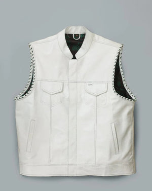 Hand Made White Hampton Leather Biker Club MC Green Paisley Arms Braided Motorcycle Rider Men's Vest - LEATHER CHAPTER