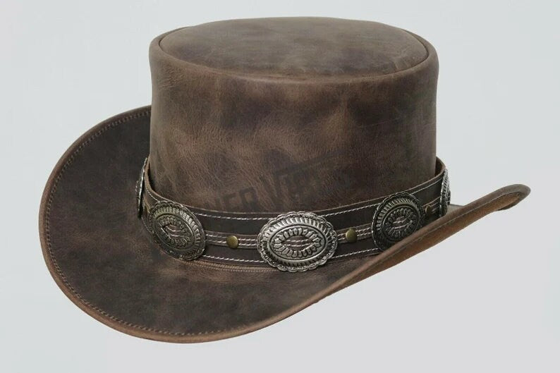 Top Hat-Pale Rider Distress Brown Leather hat,Leather Top Hat, Gothic Top Hat, Men's Top Hat, Steampunk Top Hat, Custom Top Hat - LEATHER CHAPTER