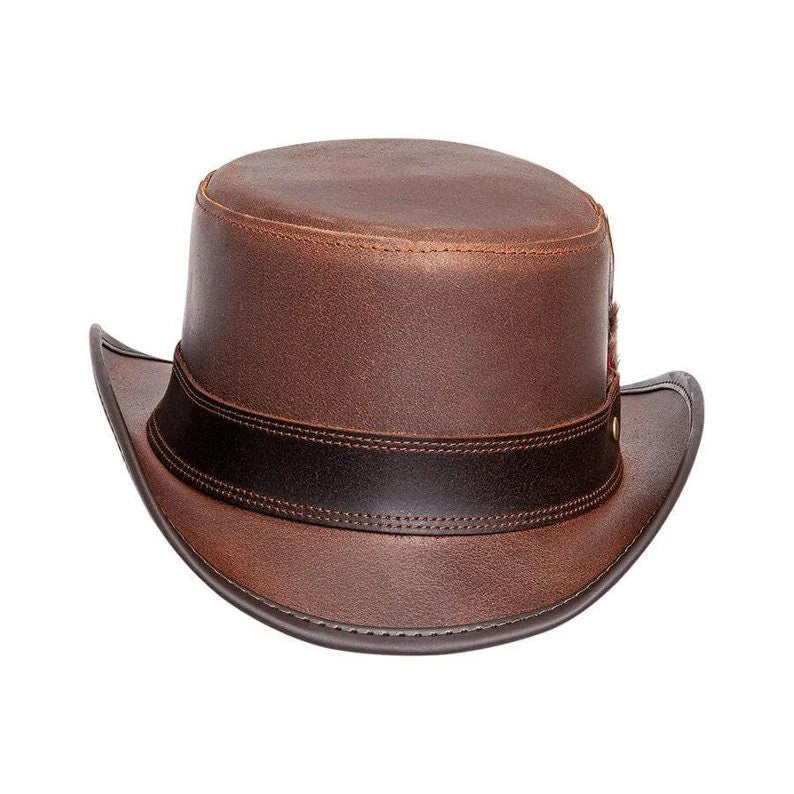 Stroker Brown & Black Leather Steampunk Feathers Biker Motorcycle Rider Hat Gothic Fashion - LEATHER CHAPTER