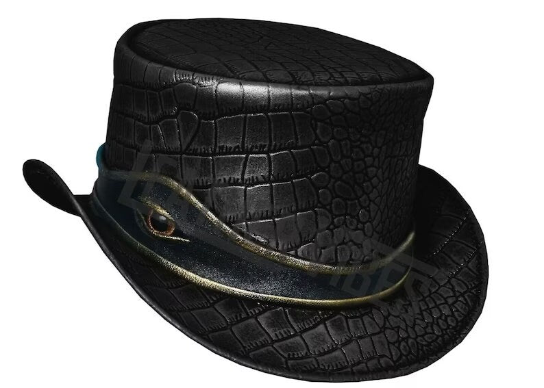 Top Hat-Eye Band Crockodile Plated Black Leather hat,Leather Top Hat,Gothic Top Hat,Mens Top Hat,Steampunk Top Hat,Custom Top Hat - LEATHER CHAPTER