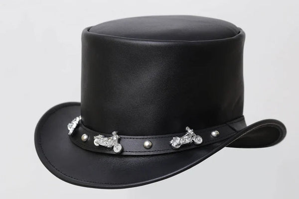 Black Leather New Motorcycle Stutt Band Rider Chopper Top Hat Cruiser Biker - LEATHER CHAPTER