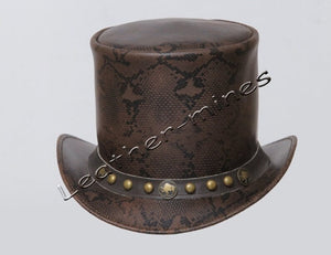 Top Hat Men's Leather Snake Style Motorcycle Five Cent & Studs Band Biker Top Hat- Brown - LEATHER CHAPTER
